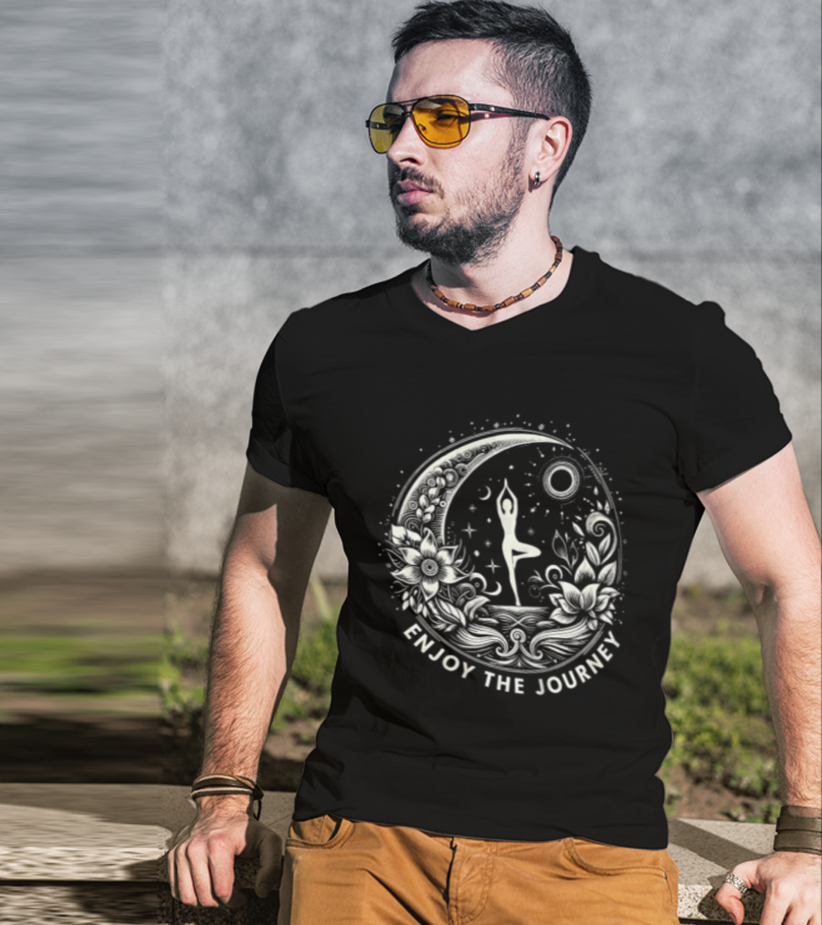 Enjoy The Journey Yoga Tree Pose Mandala Moon Sun Floral Surround T-Shirt