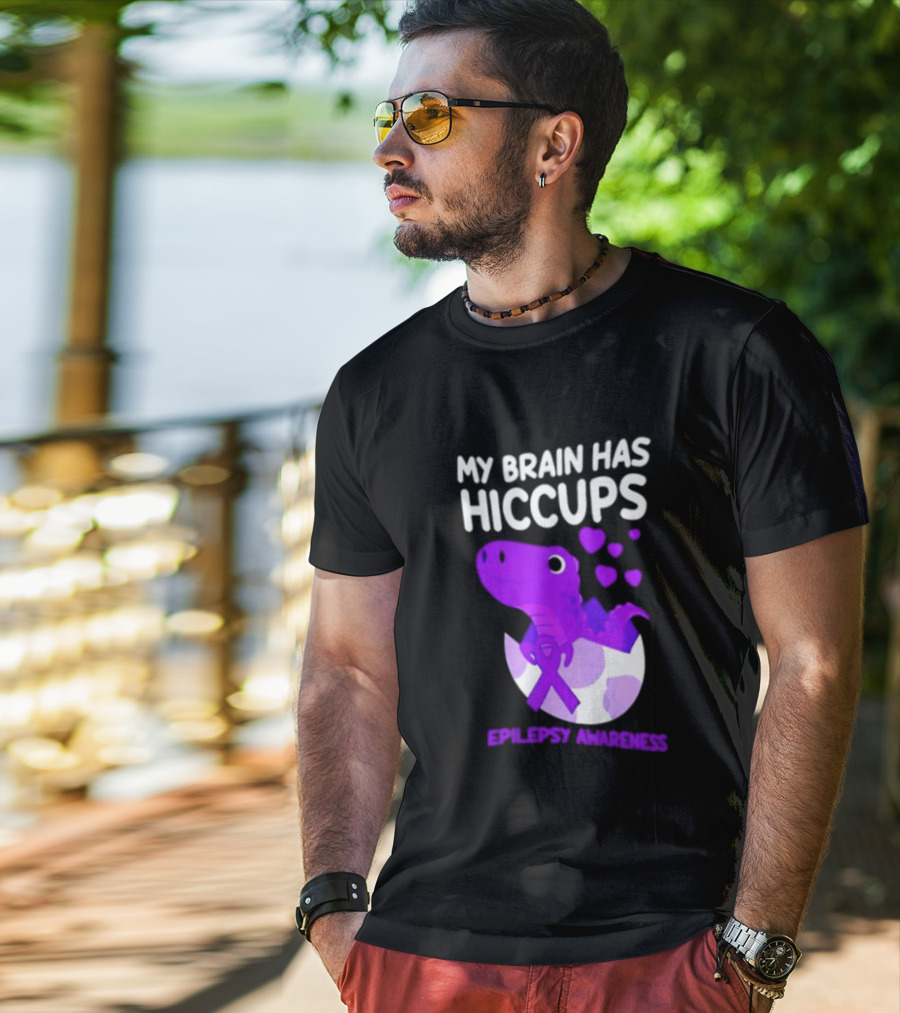 My Brain Has Hiccups Epilepsy Awareness Dinosaur Purple Ribbon Eggshell Hearts T-Shirt