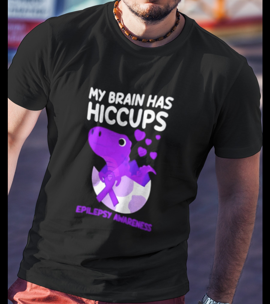 My Brain Has Hiccups Epilepsy Awareness Dinosaur Purple Ribbon Eggshell Hearts T-Shirt
