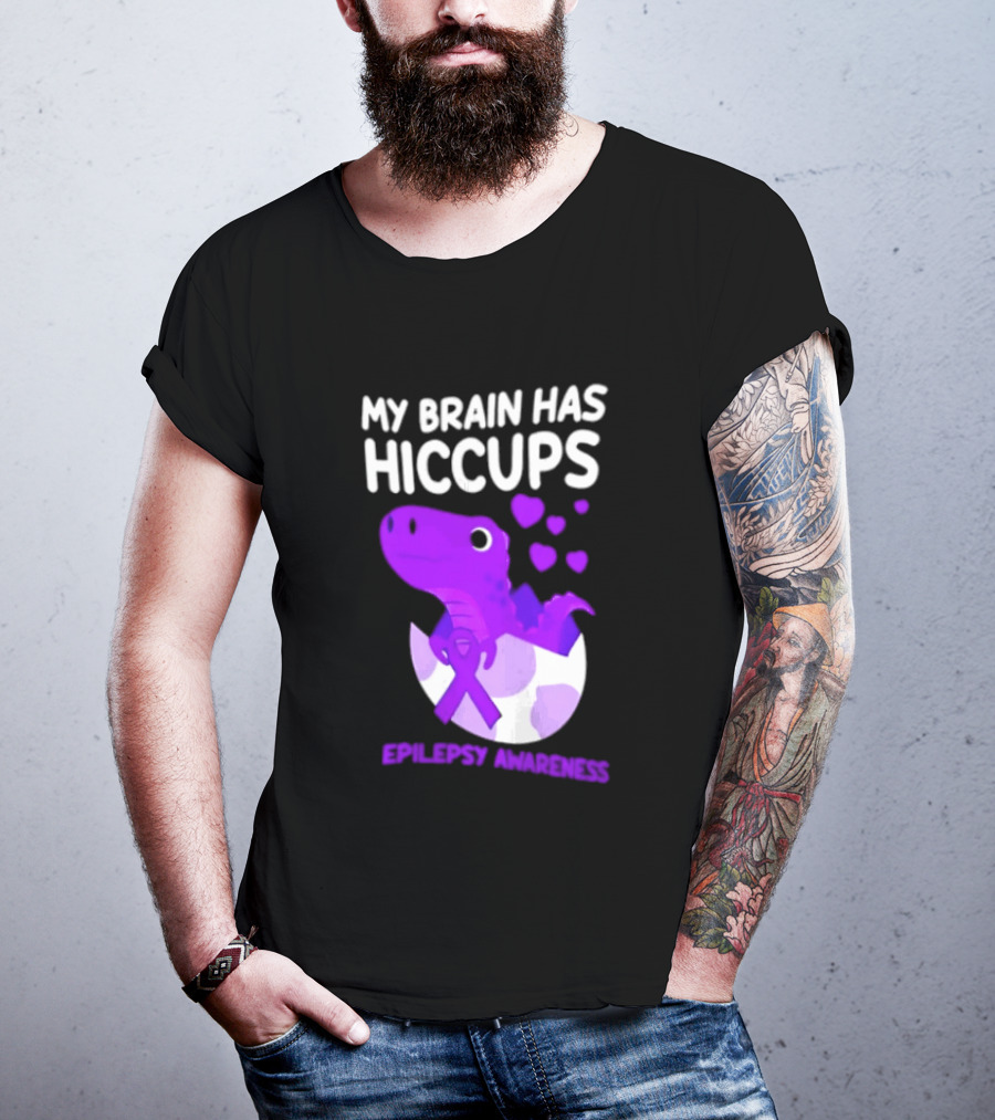 My Brain Has Hiccups Epilepsy Awareness Dinosaur Purple Ribbon Eggshell Hearts T-Shirt