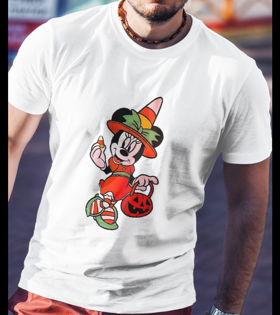 Disney Minnie Mouse Halloween Witch With Candy Corn And Pumpkin Bucket T-Shirt