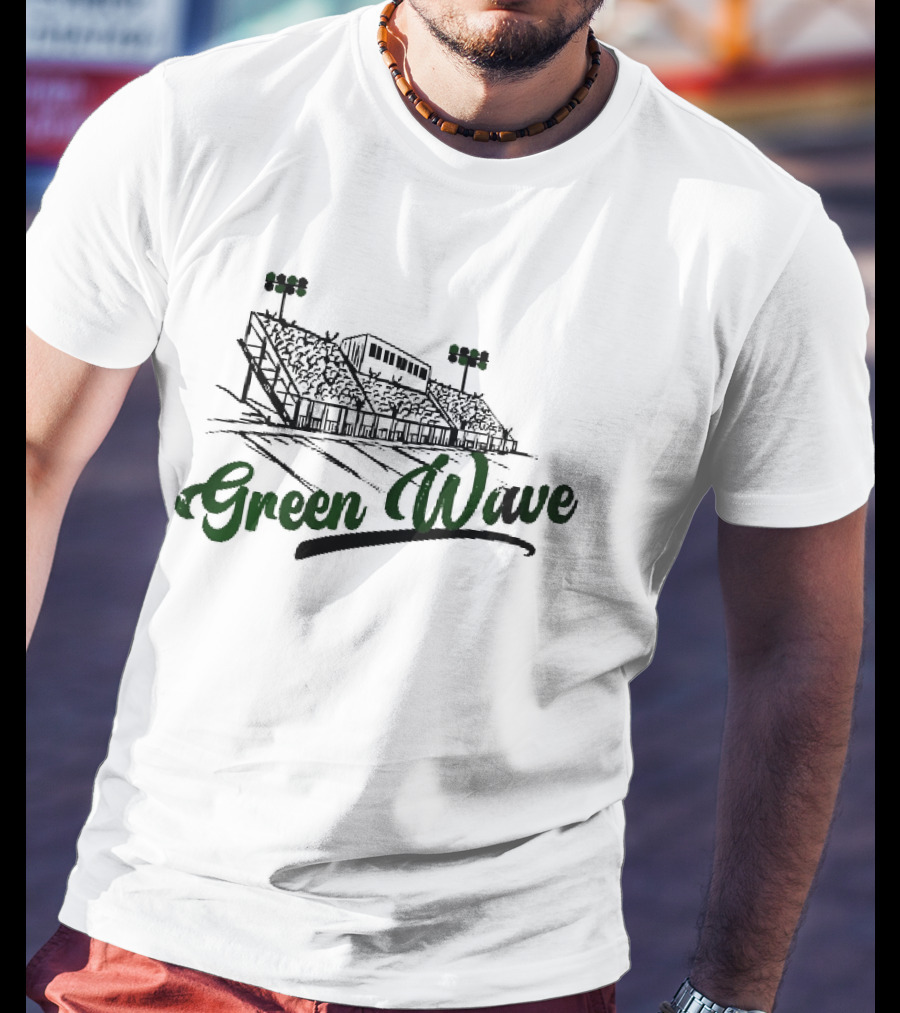 Green Wave Football Stadium Bleachers With Light Poles Sketch T-Shirt
