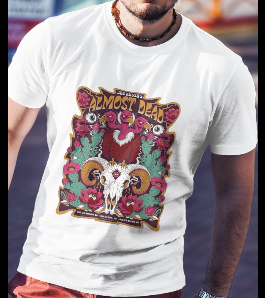 Joe Russo's Almost Dead Tour 2026 August 20 Denver August 21 Vail August 22 Dillon Vibrant Skull And Vulture Art Floral T-Shirt