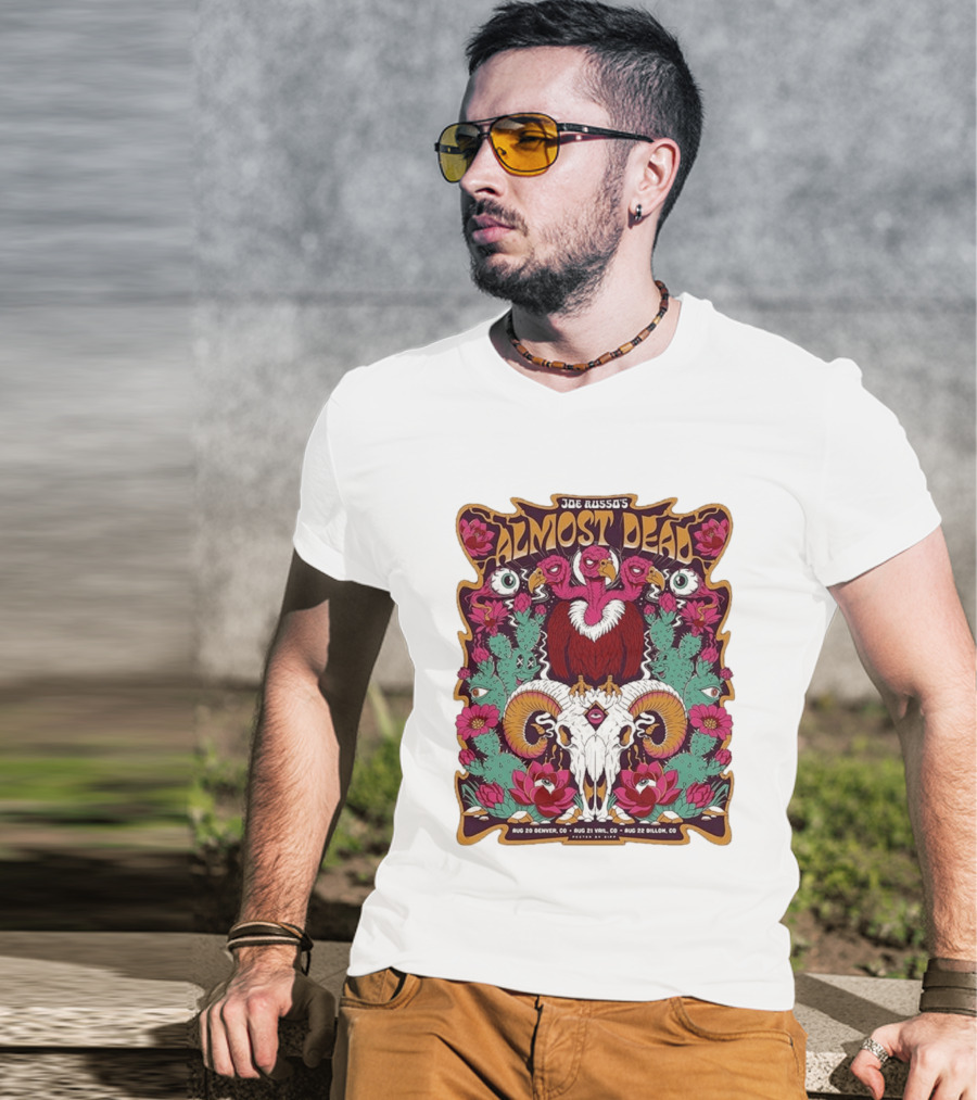 Joe Russo's Almost Dead Tour 2026 August 20 Denver August 21 Vail August 22 Dillon Vibrant Skull And Vulture Art Floral T-Shirt