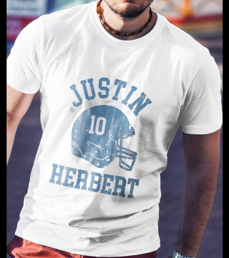 Justin Herbert Distressed Light Blue Football Helmet Number 10 T-Shirt