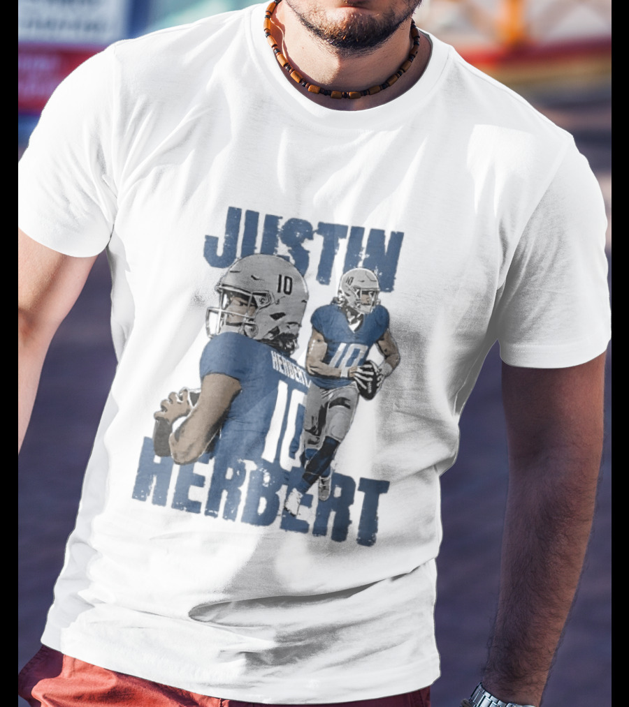 Justin Herbert Quarterback Action Photo Collage Blue Distressed T-Shirt