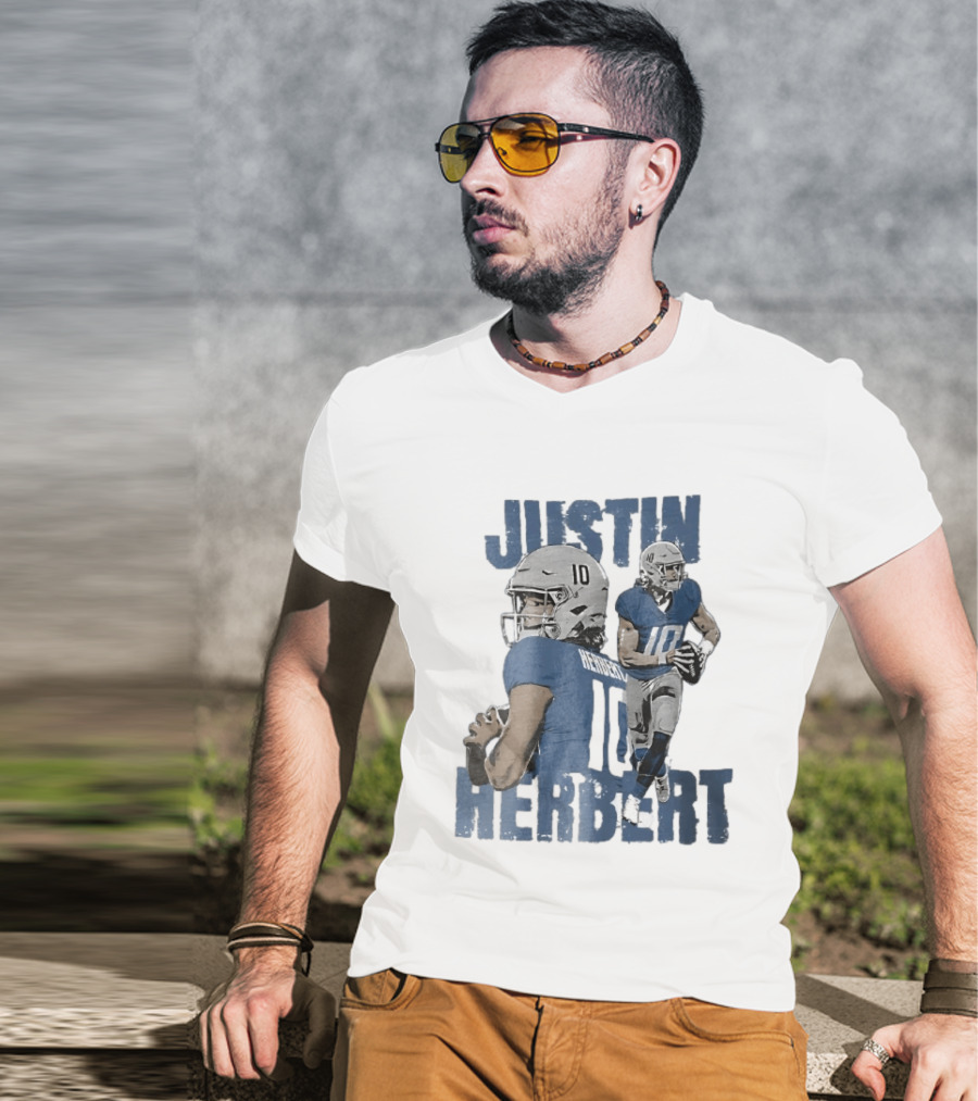 Justin Herbert Quarterback Action Photo Collage Blue Distressed T-Shirt