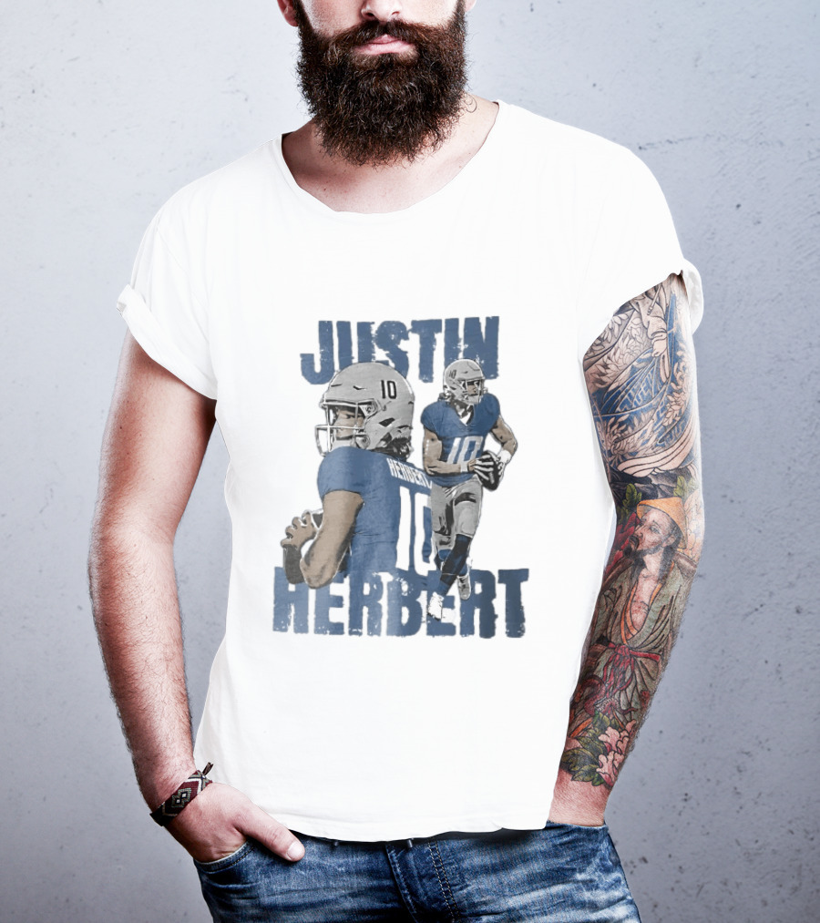 Justin Herbert Quarterback Action Photo Collage Blue Distressed T-Shirt