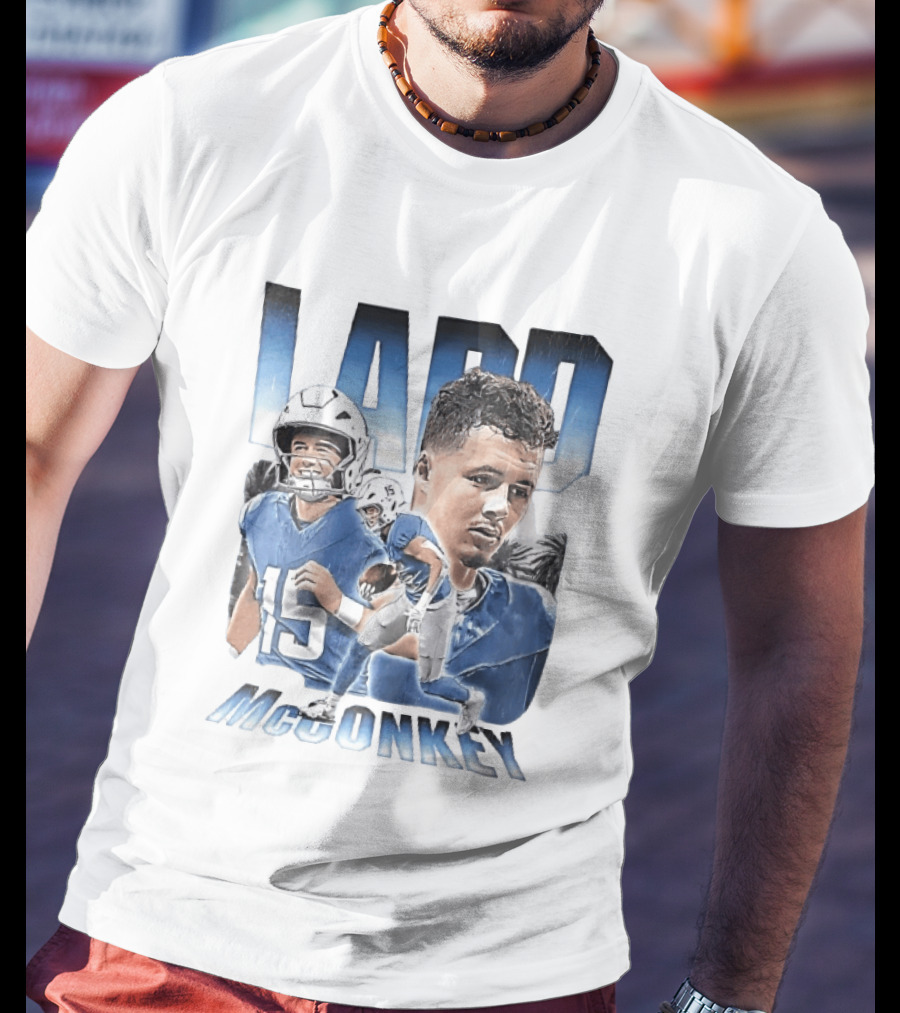 Ladd McConkey Number 15 Football Player Blue Jersey Collage T-Shirt