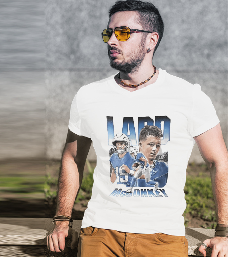 Ladd McConkey Number 15 Football Player Blue Jersey Collage T-Shirt