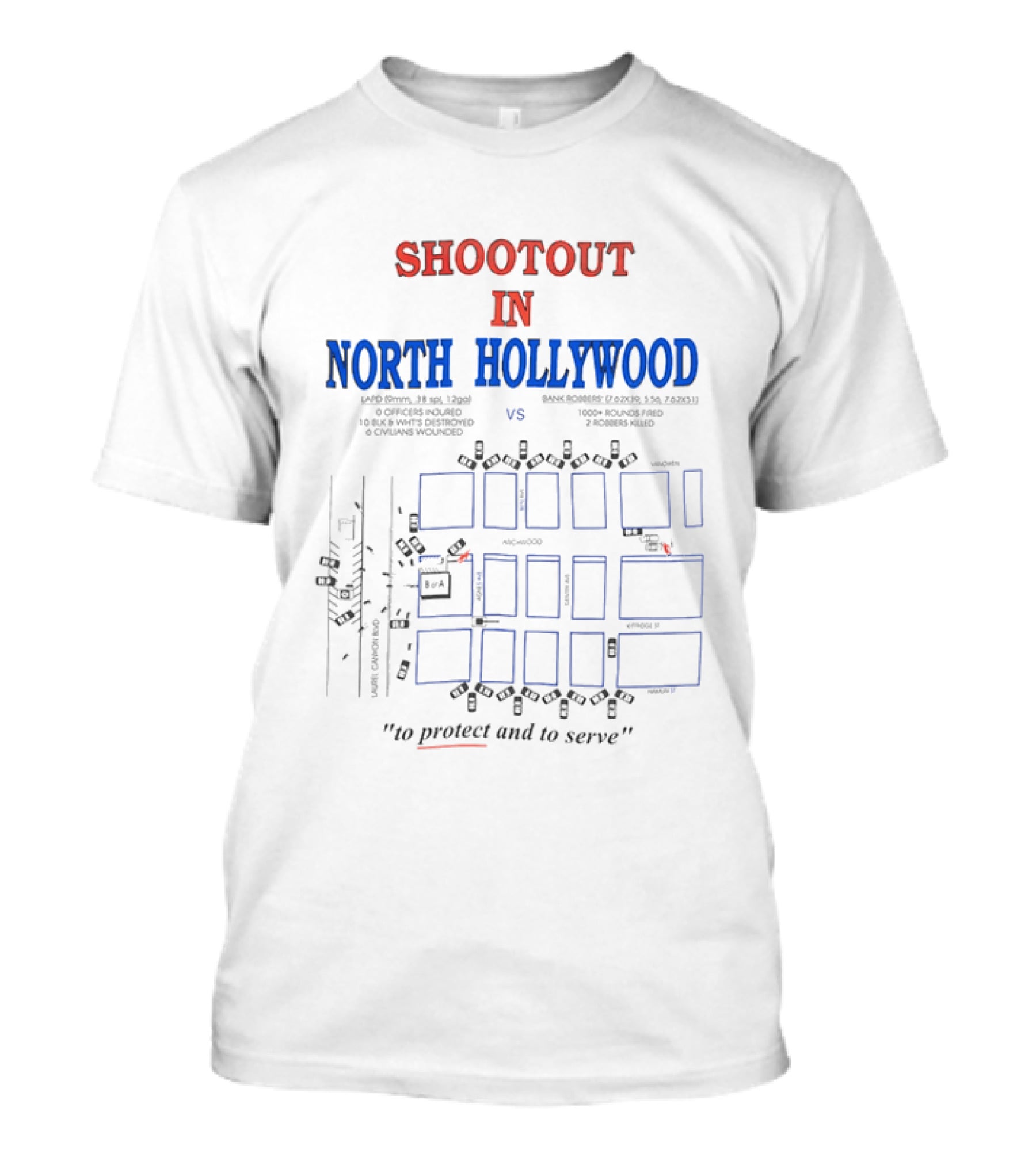 Shootout In North Hollywood Map With LAPD And Bank Robbers Ammunition Details T-Shirt