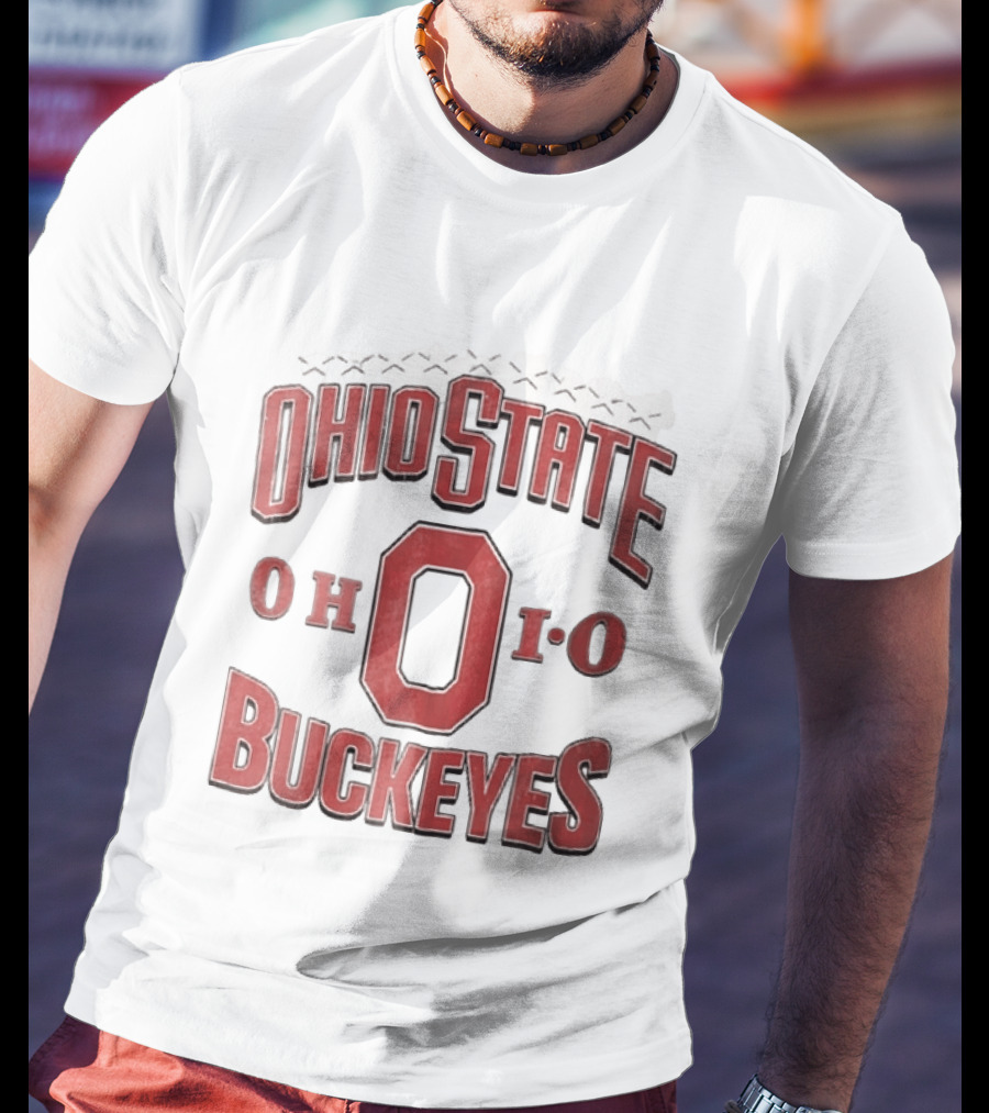 Ohio State Buckeyes NCAA Ohio Block Letter Red Football Laces Arch T-Shirt