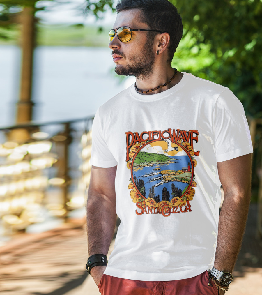 Pacific Wave Santa Cruz CA Coastal Lighthouse Ocean Seagull Flowers Scenic T-Shirt