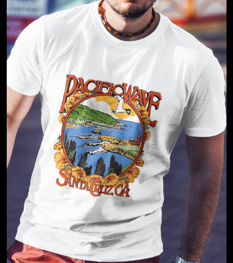 Pacific Wave Santa Cruz CA Coastal Lighthouse Ocean Seagull Flowers Scenic T-Shirt