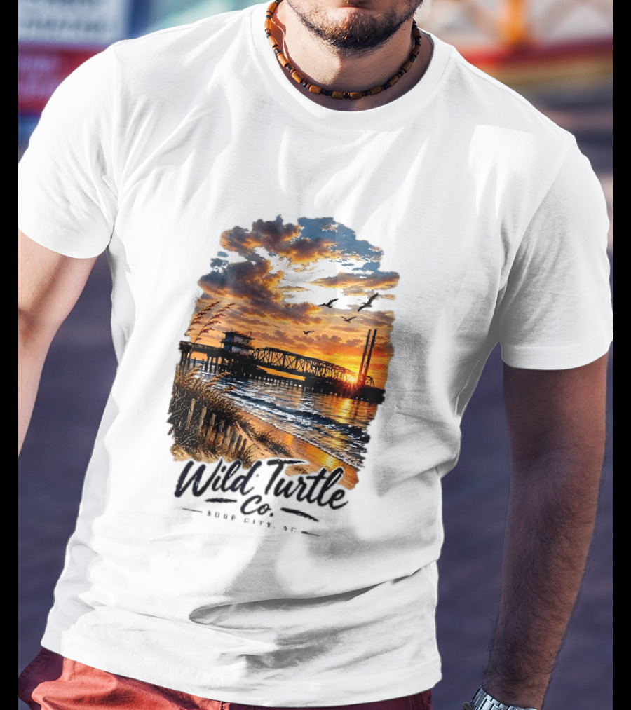 Wild Turtle Co Surf City NC Beach Dunes Pier Sunset Flying Birds T-Shirt