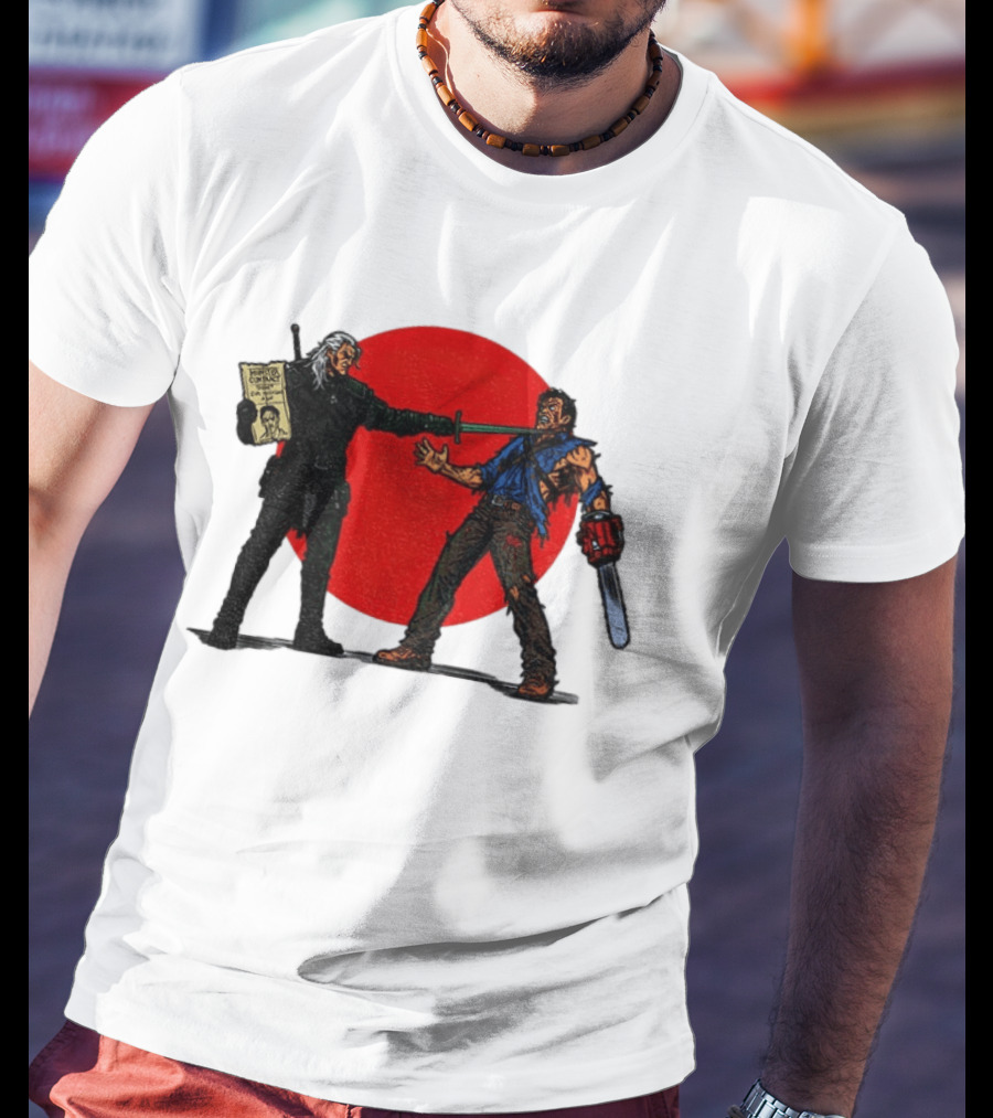 Geralt Vs Ash Evil Dead Or Alive Red Circle Showdown T-Shirt