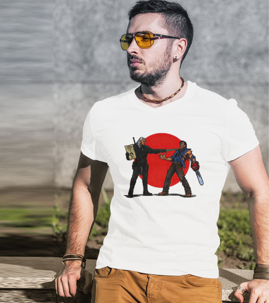 Geralt Vs Ash Evil Dead Or Alive Red Circle Showdown T-Shirt