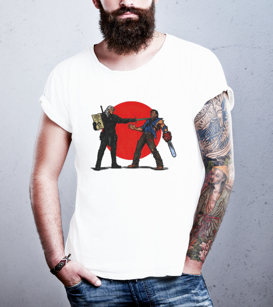Geralt Vs Ash Evil Dead Or Alive Red Circle Showdown T-Shirt
