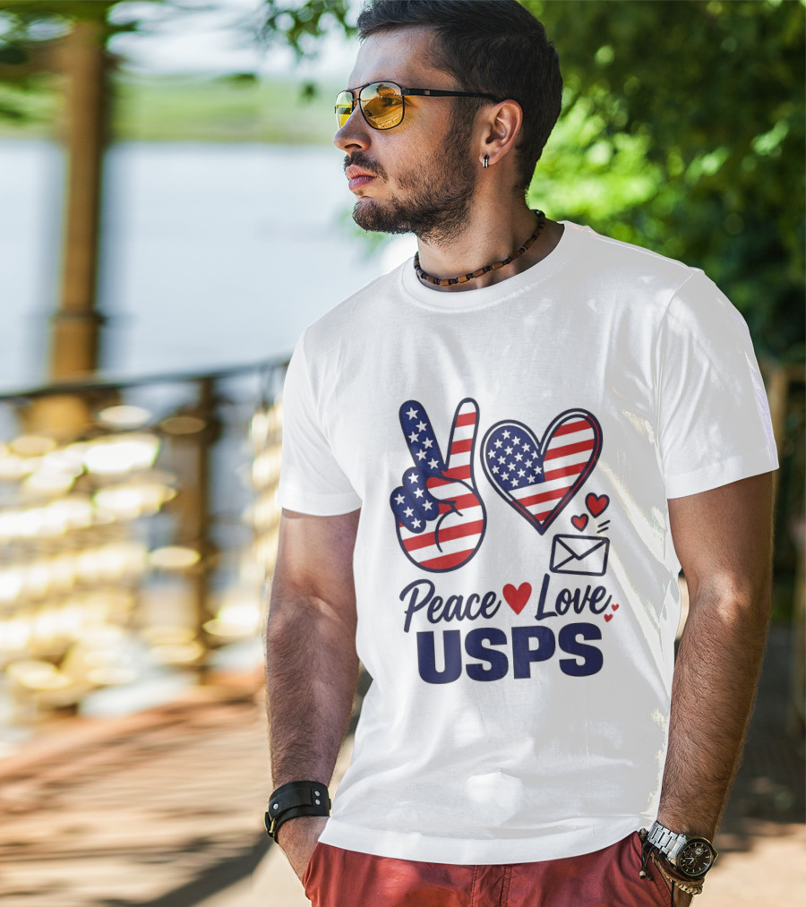 Peace Love USPS American Flag Heart And Mail T-Shirt
