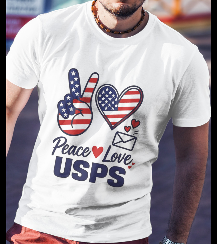 Peace Love USPS American Flag Heart And Mail T-Shirt