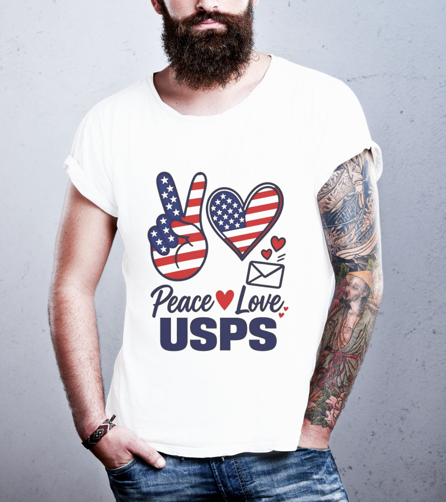 Peace Love USPS American Flag Heart And Mail T-Shirt