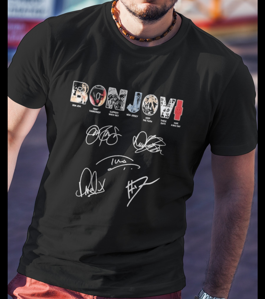 Bon Jovi Albums Cast Signatures Rock Band New Jersey Greatest Hits T-Shirt