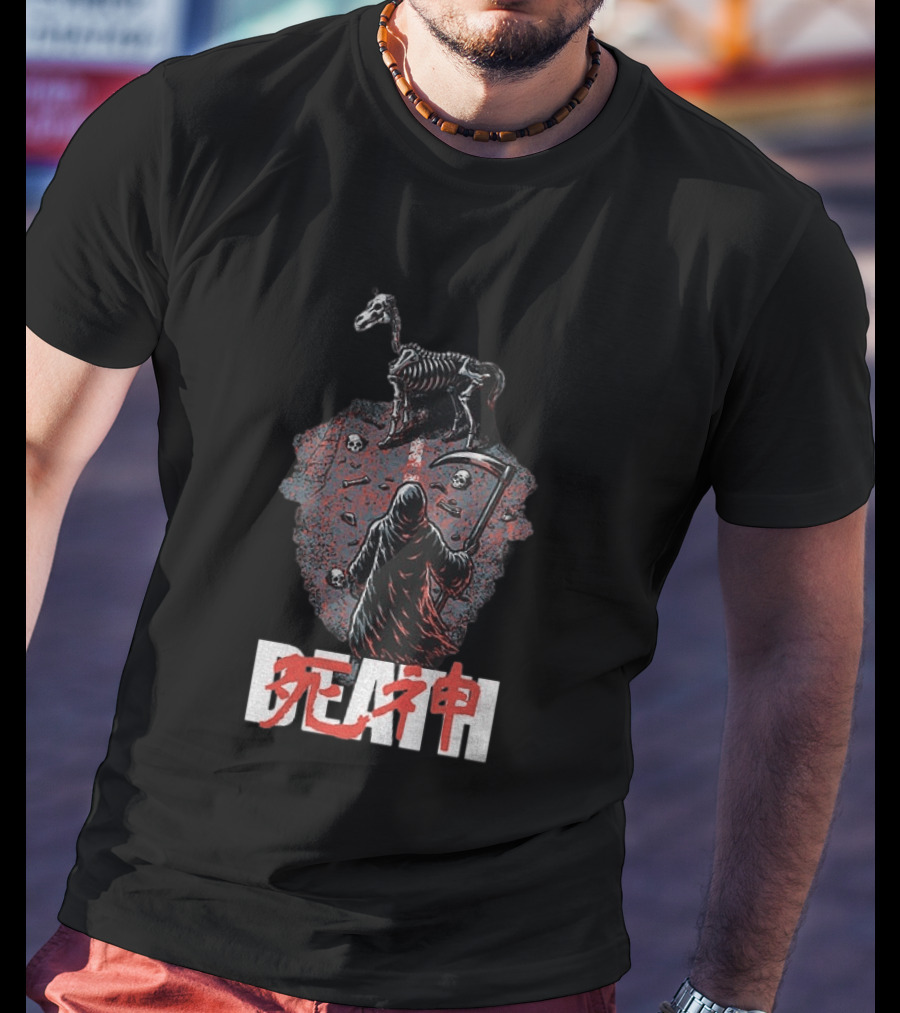 Grim Reaper Death Rider Japanese Kanji Skulls Scythe T-Shirt