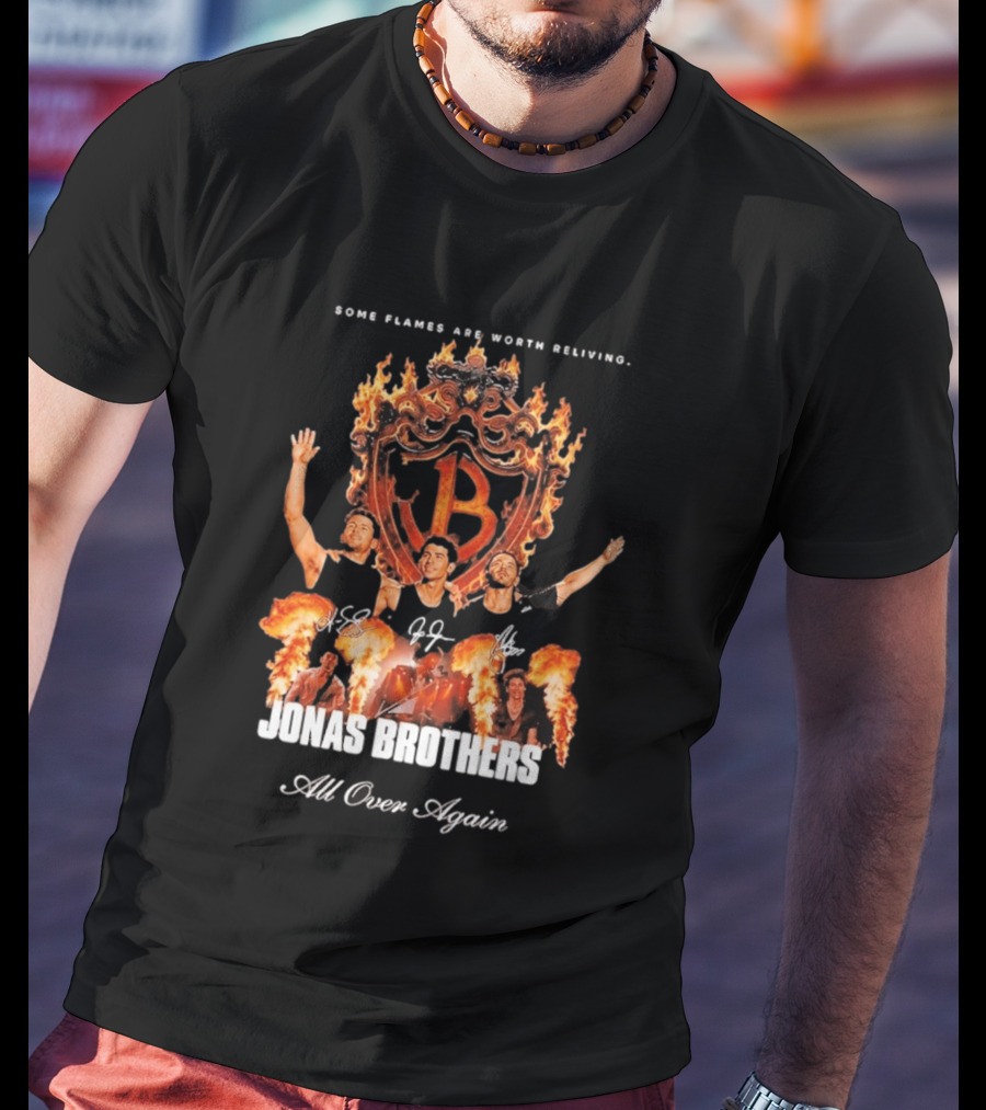 Jonas Brothers Some Flames Are Worth Beliving Tour Flame Signatures All Over Again T-Shirt