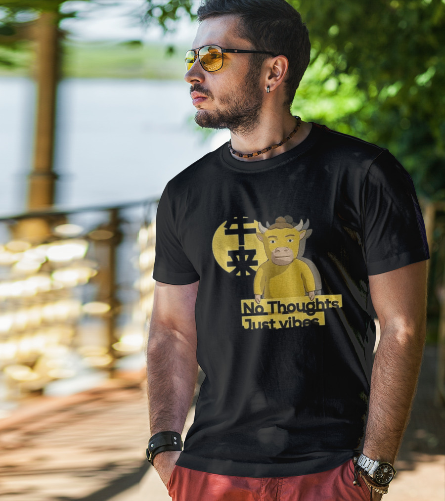 Niu Lai No Thoughts Just Vibes Yellow Cow Humor T-Shirt
