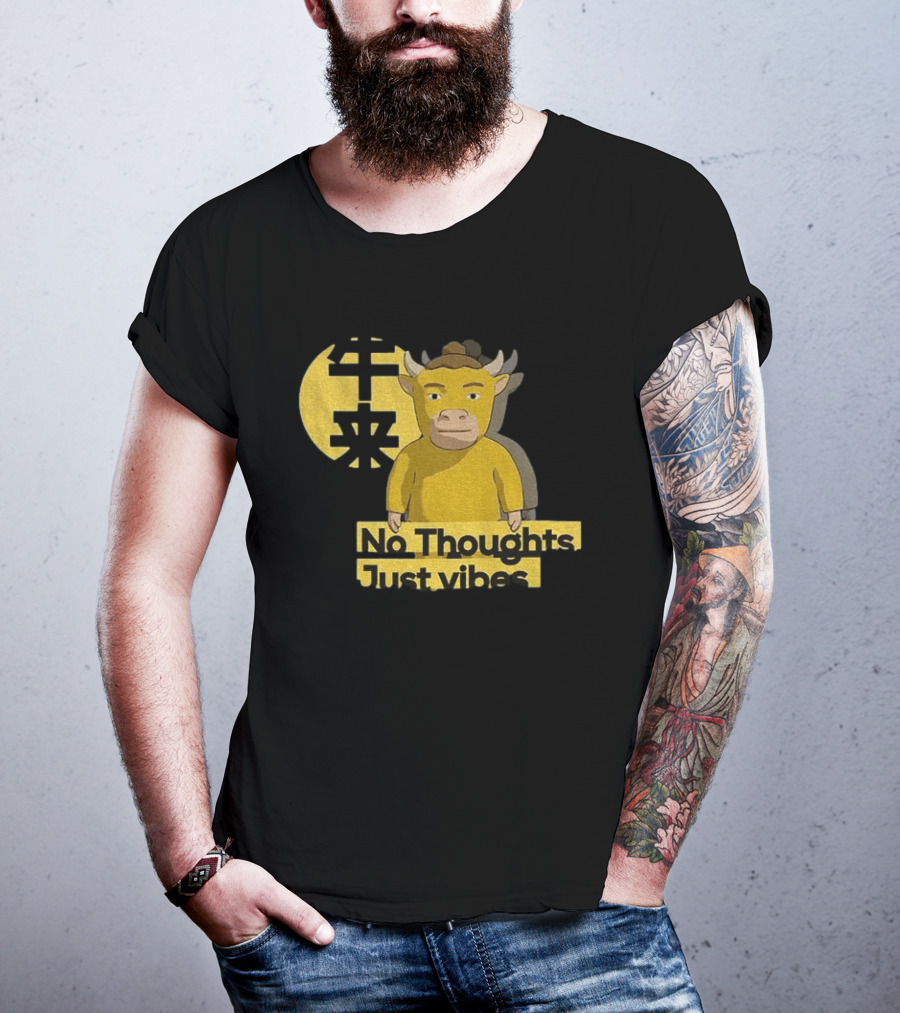 Niu Lai No Thoughts Just Vibes Yellow Cow Humor T-Shirt