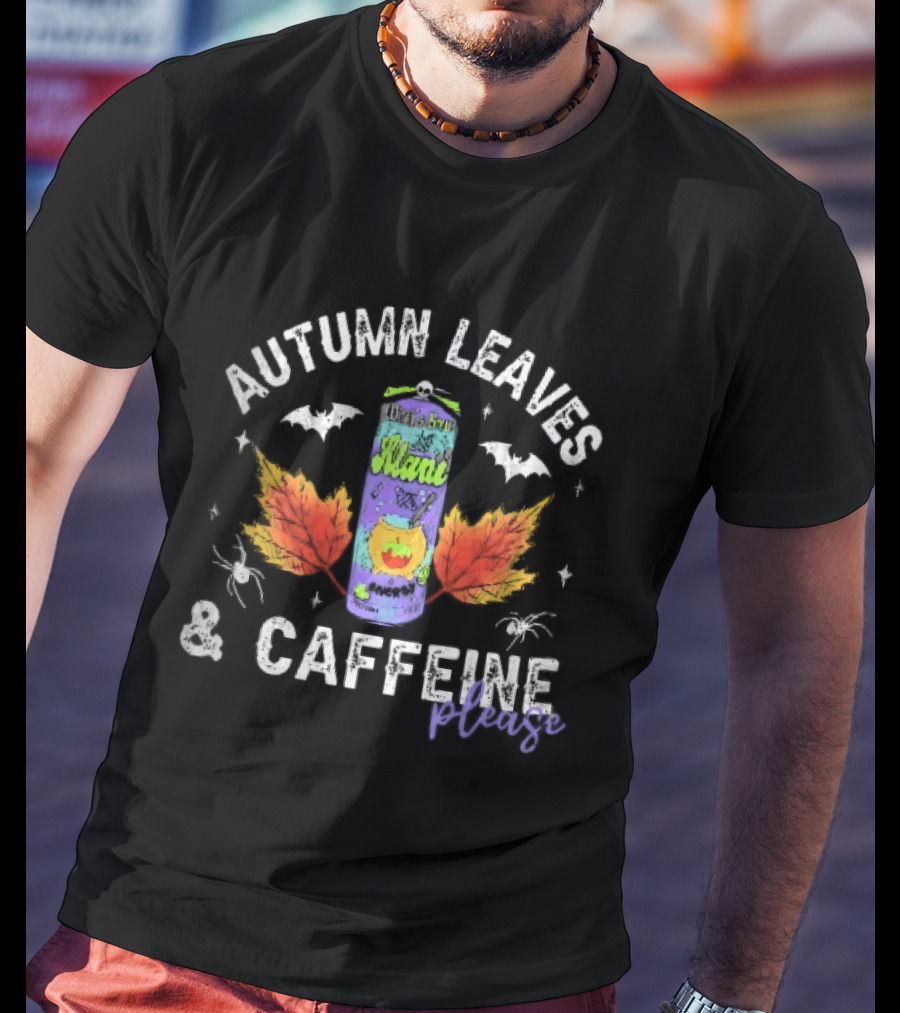 Autumn Leaves Caffeine Please Witchs Brew Energy Drink Can Bats Spiders Orange T-Shirt