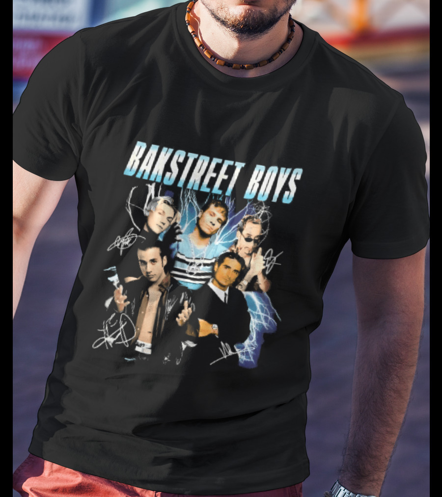 Bakstreet Boys Band Collage Lightning Autographs Bootleg T-Shirt