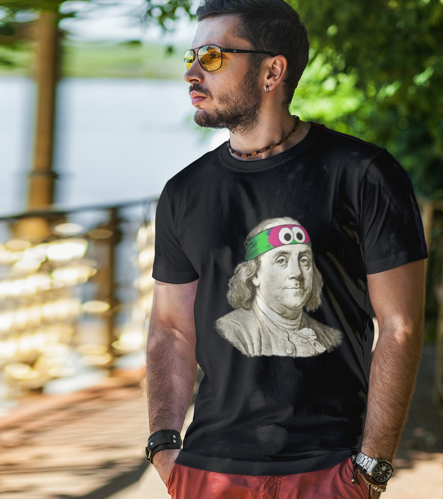 Benjamin Franklin Cartoon With Colorful Ninja Headband And Googly Eyes T-Shirt