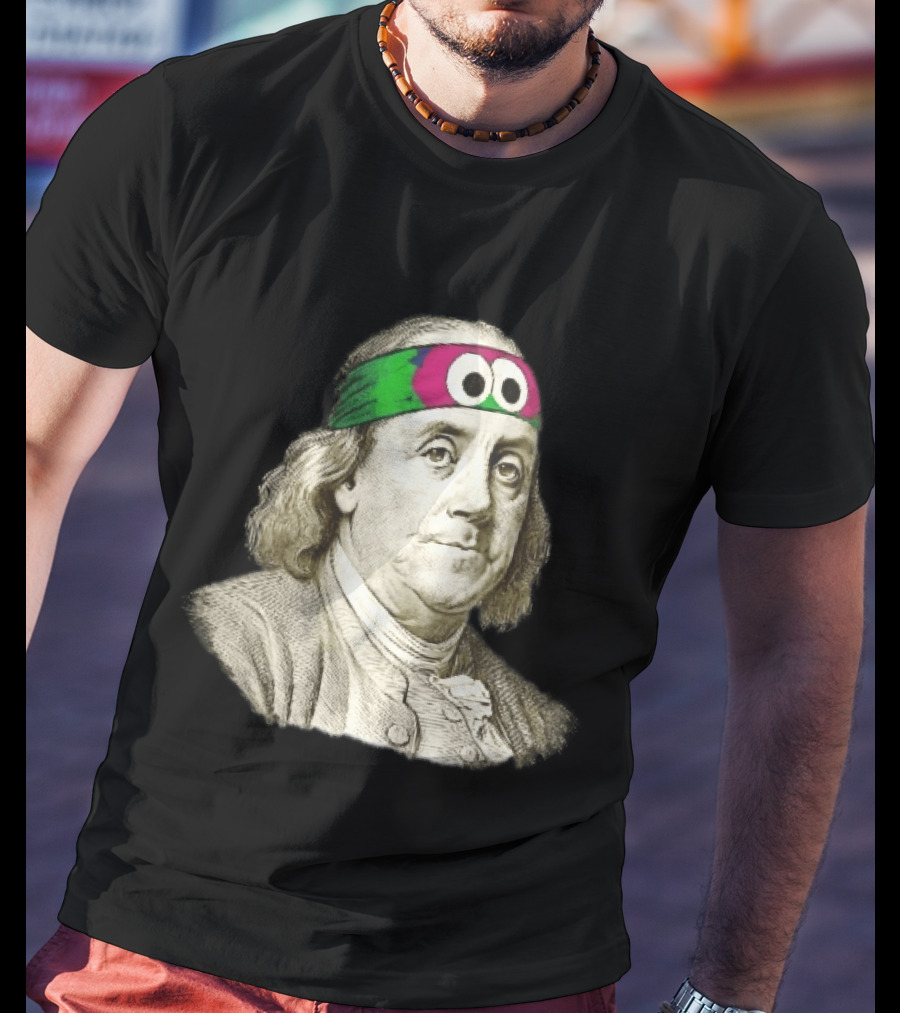 Benjamin Franklin Cartoon With Colorful Ninja Headband And Googly Eyes T-Shirt