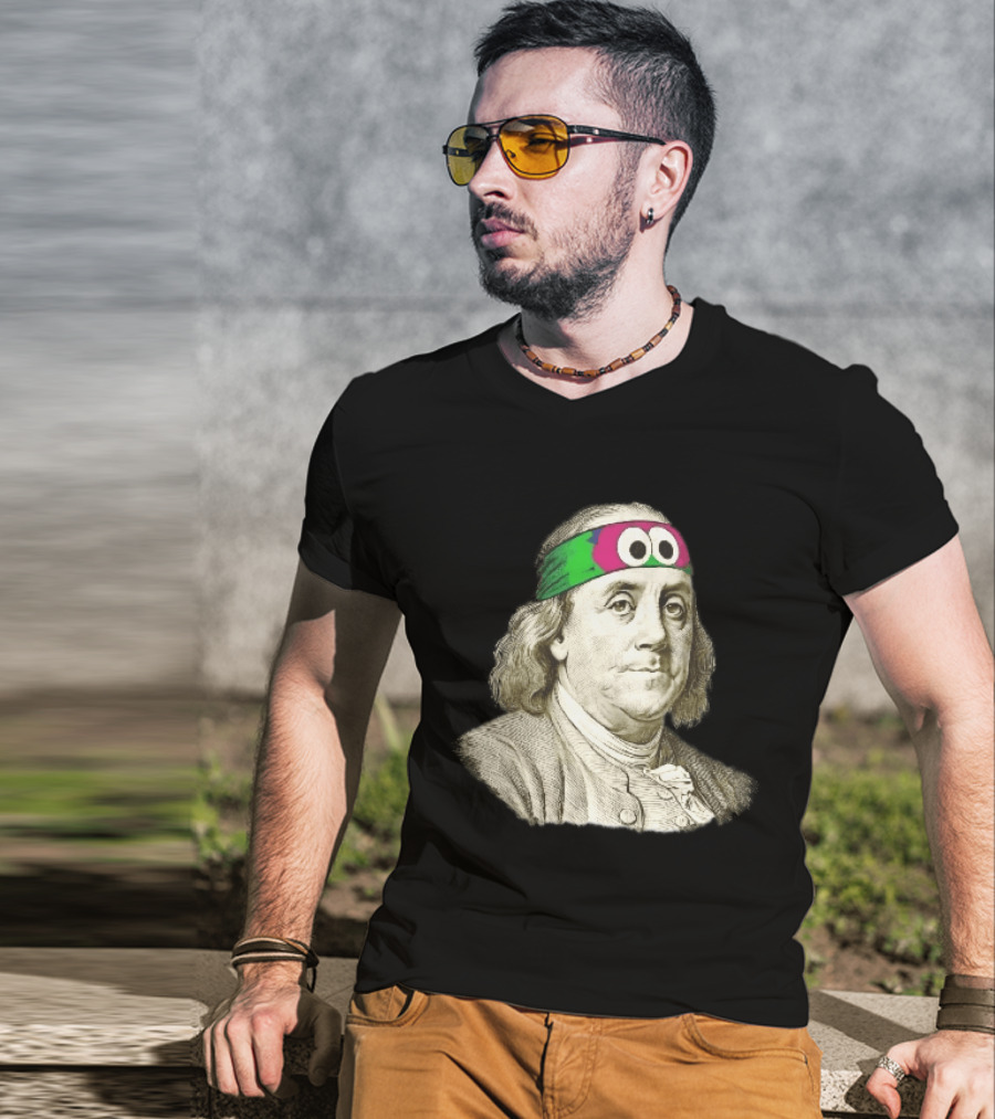 Benjamin Franklin Cartoon With Colorful Ninja Headband And Googly Eyes T-Shirt