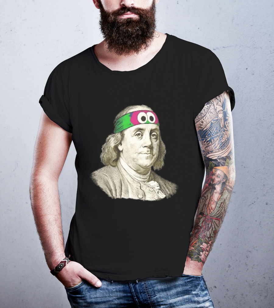 Benjamin Franklin Cartoon With Colorful Ninja Headband And Googly Eyes T-Shirt