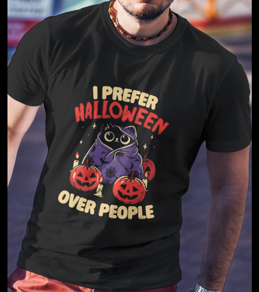 I Prefer Halloween Over People Black Cat Pumpkin Candles T-Shirt