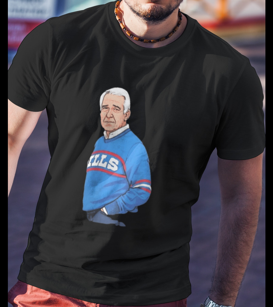 Buffalo Bills Coach Marv Levy Caricature In Blue Sweater With Team Name T-Shirt