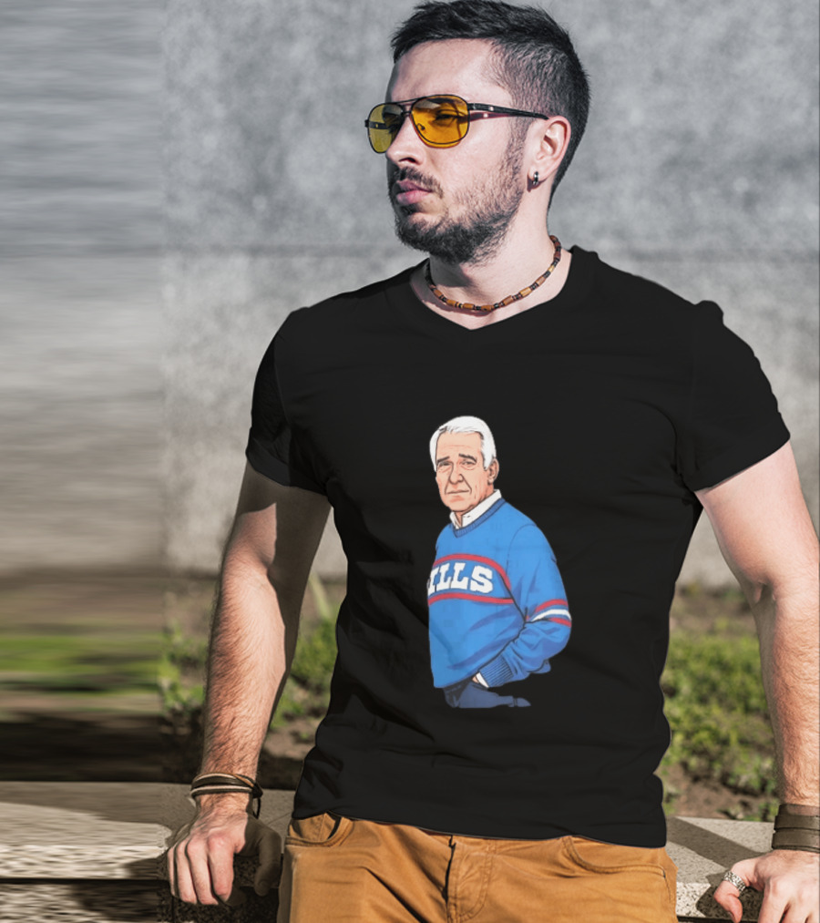 Buffalo Bills Coach Marv Levy Caricature In Blue Sweater With Team Name T-Shirt