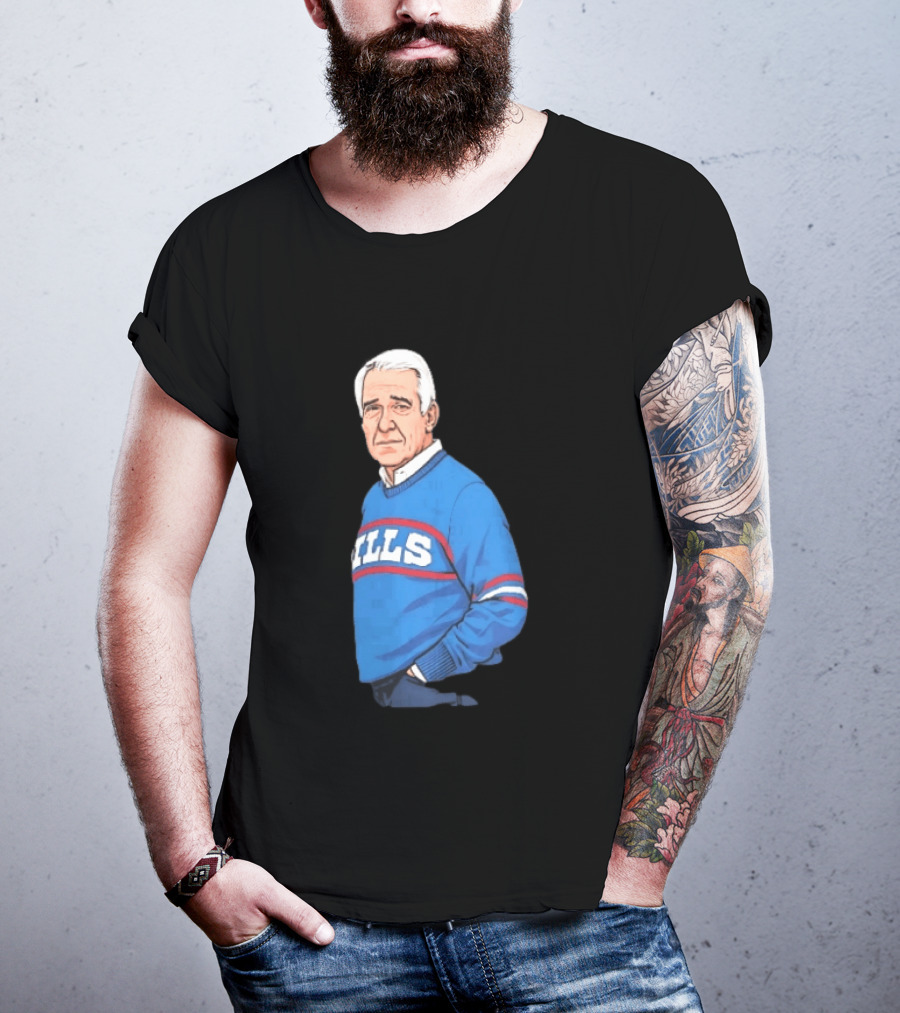 Buffalo Bills Coach Marv Levy Caricature In Blue Sweater With Team Name T-Shirt