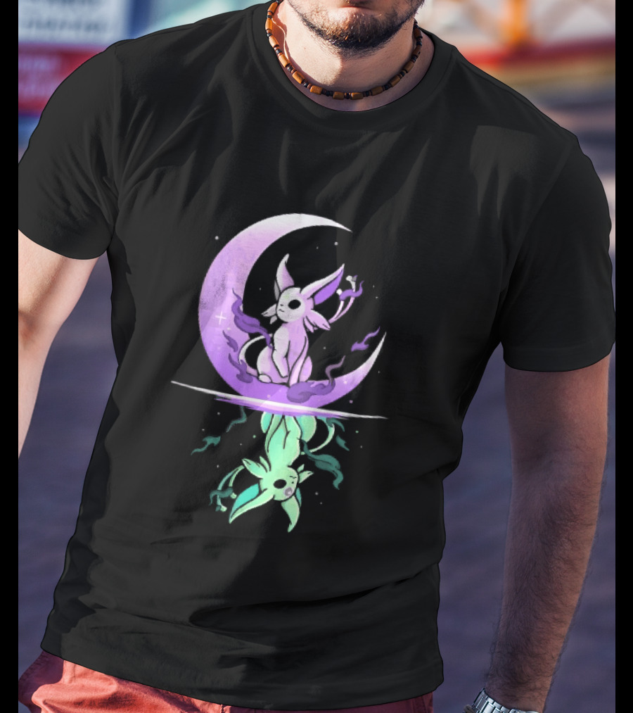 Cartoon Purple Espeon On Crescent Moon With Green Reflection T-Shirt