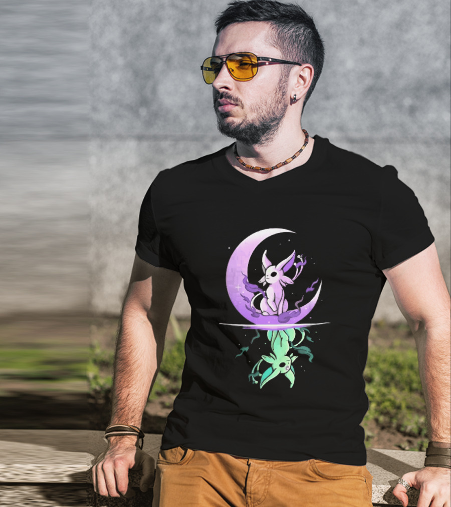 Cartoon Purple Espeon On Crescent Moon With Green Reflection T-Shirt