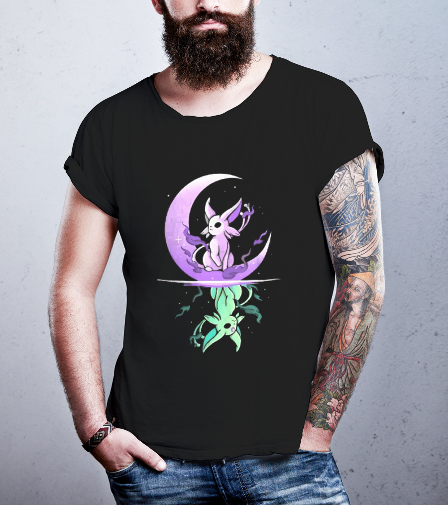 Cartoon Purple Espeon On Crescent Moon With Green Reflection T-Shirt
