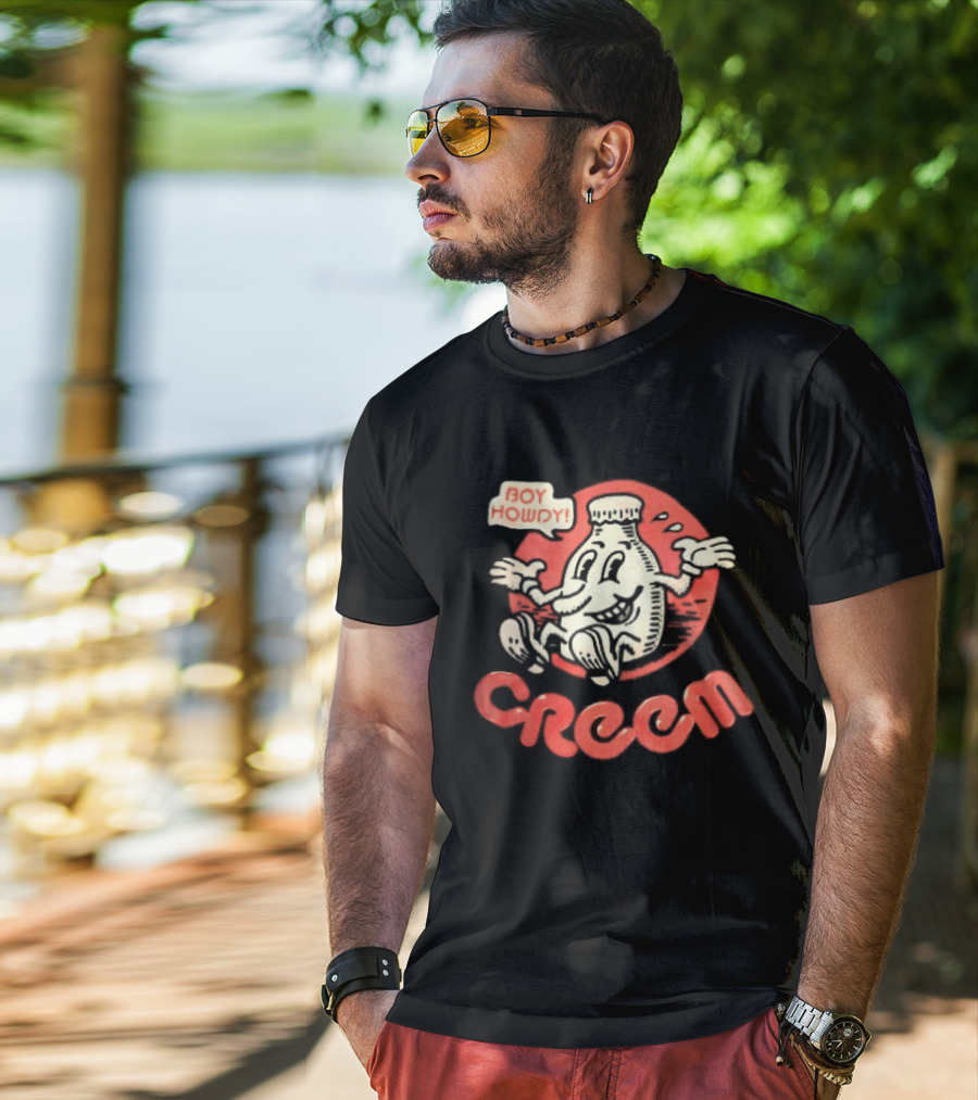 Creem Boy Howdy Milk Bottle Cartoon Red T-Shirt