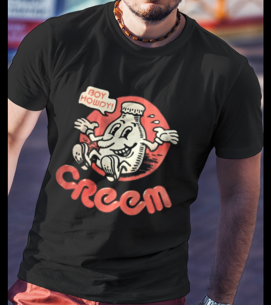 Creem Boy Howdy Milk Bottle Cartoon Red T-Shirt