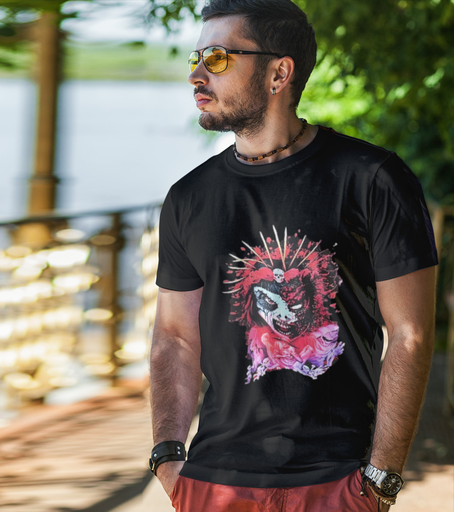 Demonic Japanese Geisha Skull Crown With Red Paint Splatter And Floral T-Shirt