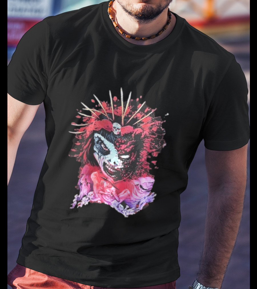 Demonic Japanese Geisha Skull Crown With Red Paint Splatter And Floral T-Shirt