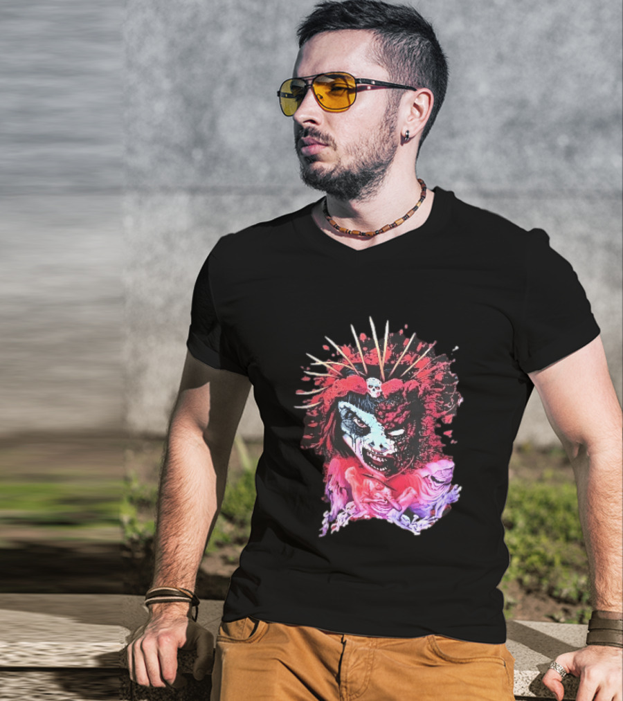 Demonic Japanese Geisha Skull Crown With Red Paint Splatter And Floral T-Shirt