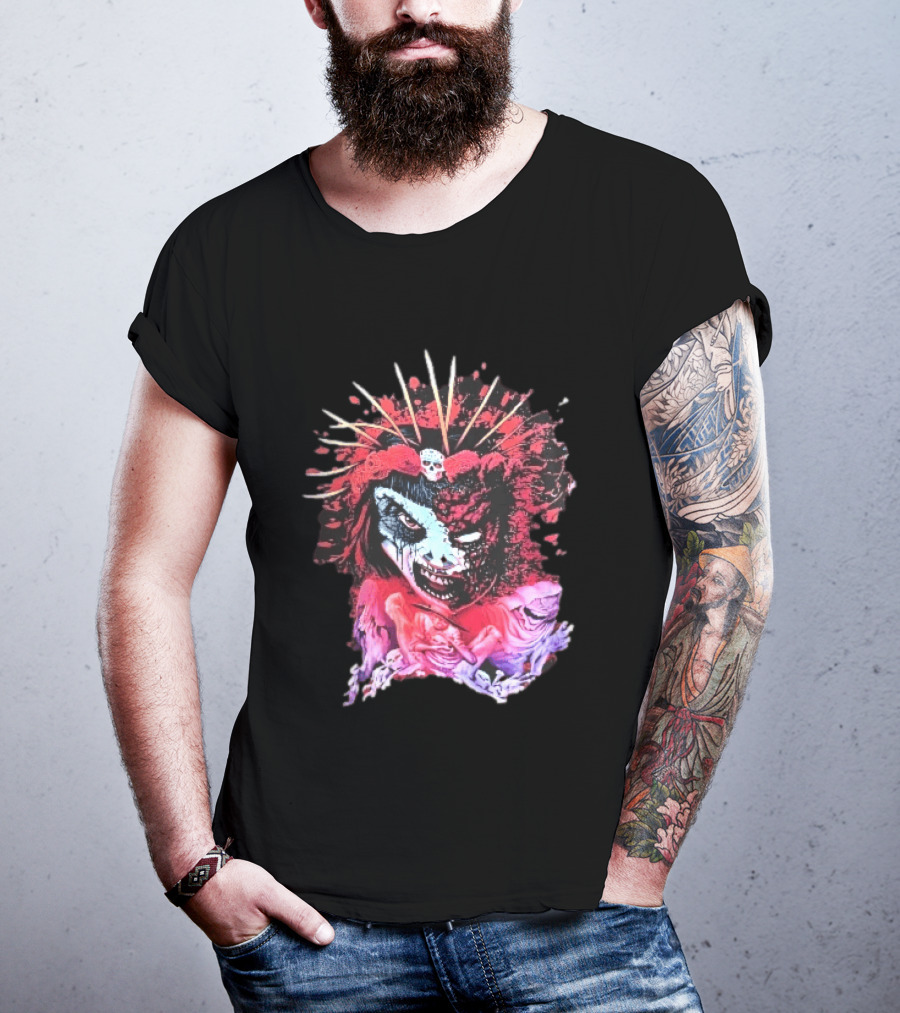 Demonic Japanese Geisha Skull Crown With Red Paint Splatter And Floral T-Shirt