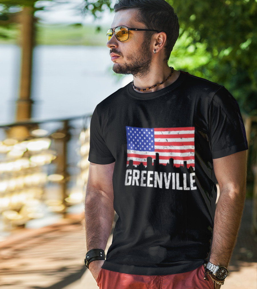 Greenville Skyline American Flag Cityscape T-Shirt